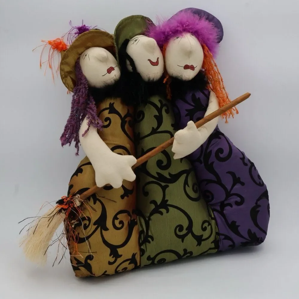 Vintage Halloween Plush Witches Trio Set Decor MacBeth Broomstick Spooky Rare